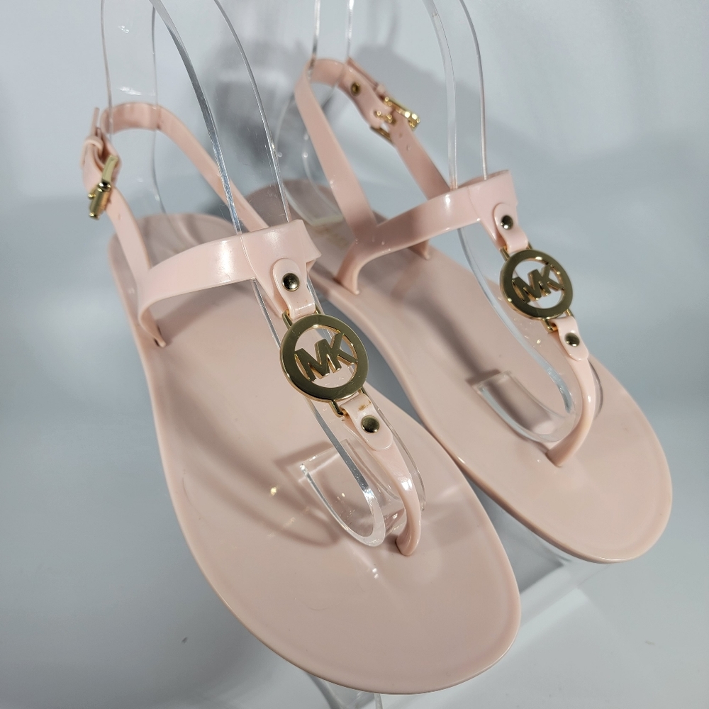 Michael Michael Kors Jelly Sandals Womens 8M Pink Gold Logo Buckle *Read - Picture 1 of 15
